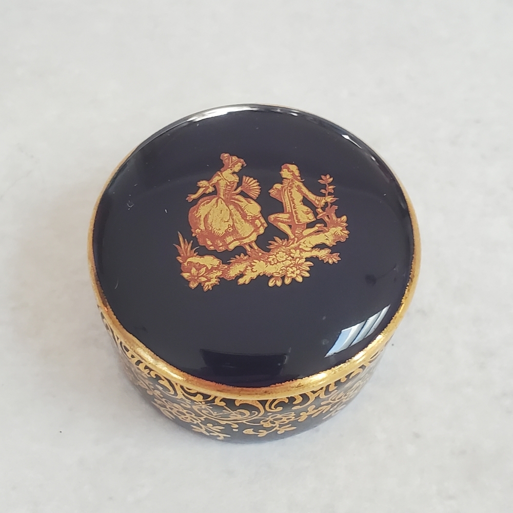 Vintage Limoges Round Pill Ring Trinket Box Cobalt Blue Gold Trim France